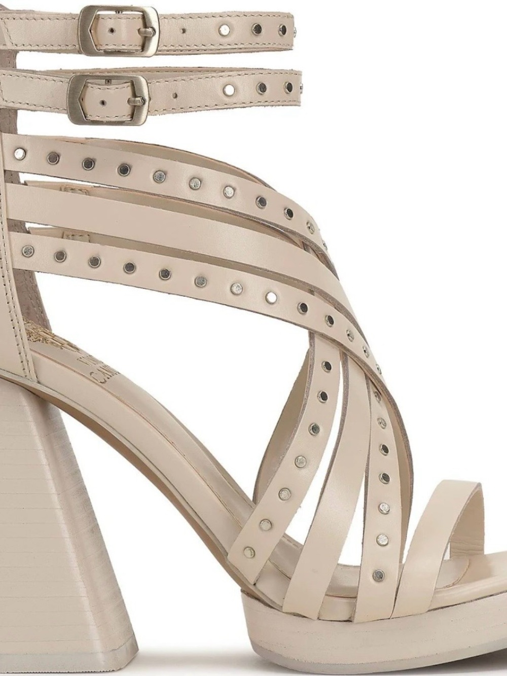 “Vince Camuto” Studded Strappy Block Heel Sandals - Beige